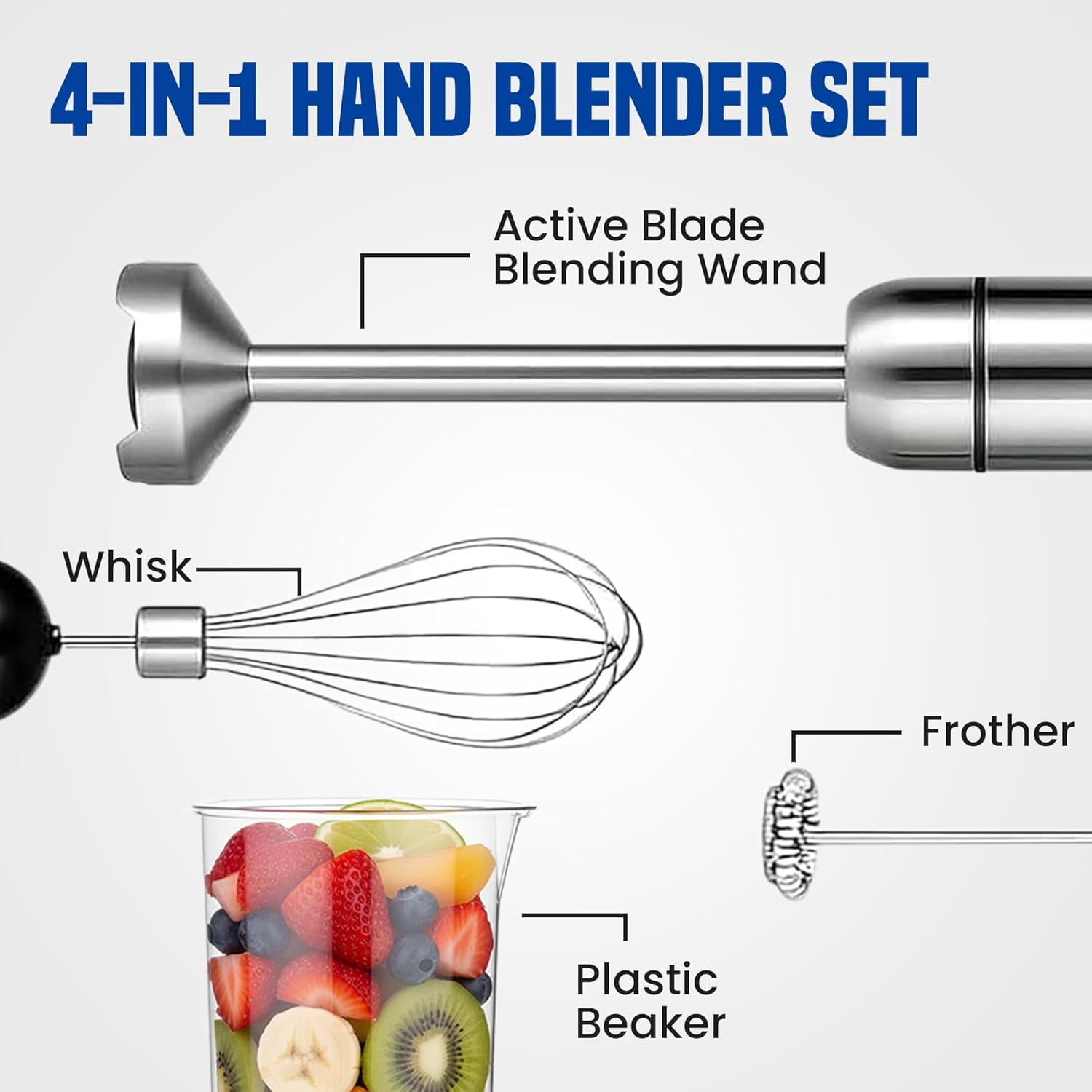 Immersion Blender Handheld 8-Speed Stainless Steel Electric Stick Mixer with Whisk Chopper for Soups Smoothies Sauces Baby Food