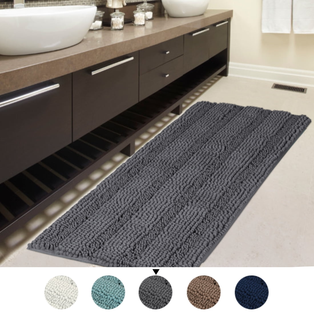 Black/ Grey 2 Piece Toilet Cover Set Rug Mat Bathroom With Rubber Back Anti Slip 