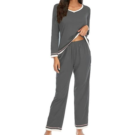 

DanceeMangoo Women Clasic Pajama Set Long Sleeve Pullover Sleepwear Two-Piece V-Neck Nightwear Warm Soft Comfy Pjs Indoor Wear