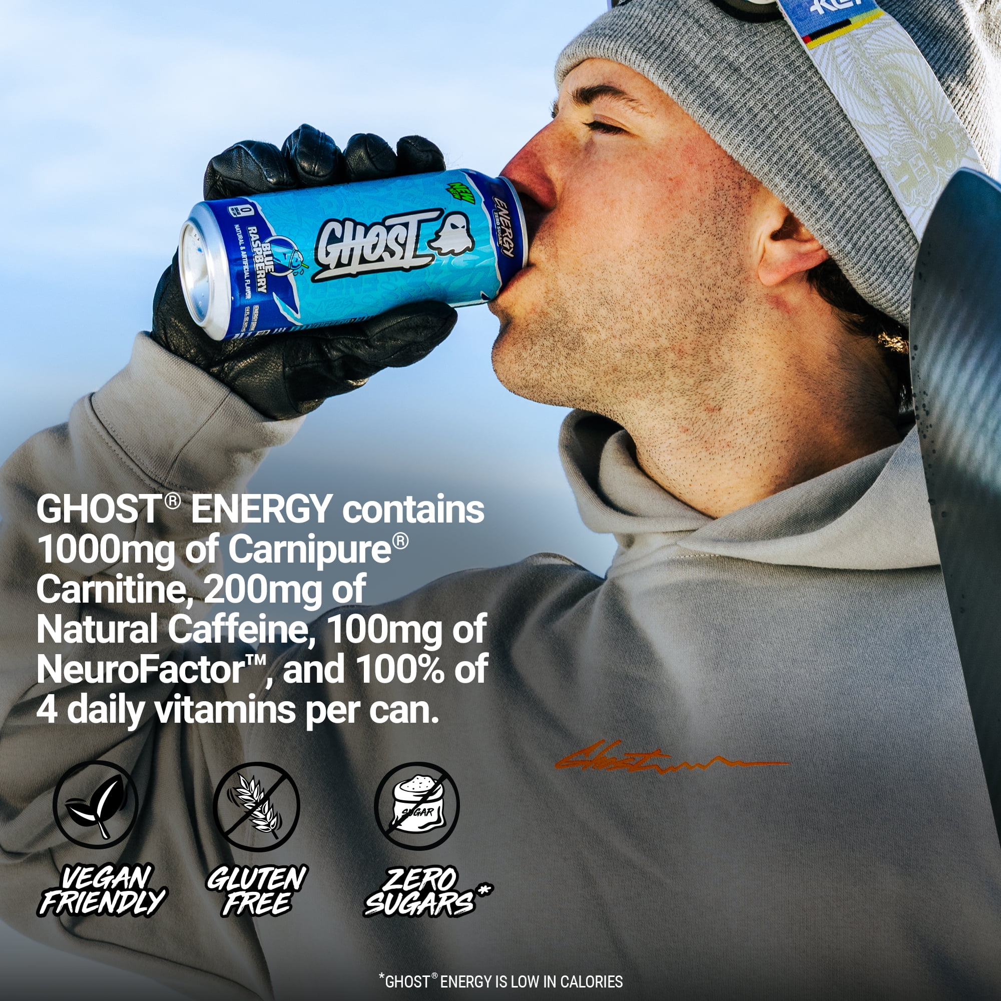 GHOST Zero Sugar Energy Drink, Blue Raspberry, 16 oz Can, 12 Pk
