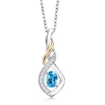 Gem Stone King 0.63 Ct Swiss Blue Topaz E-F Lab Grown Diamond 925 Silver and 10K Yellow Gold Spiral Pendant