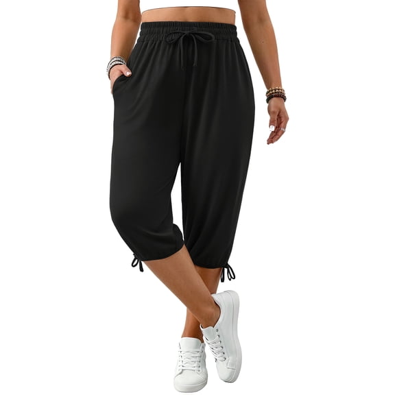 WellSize Plus Size Capris Pants for Women Lightweight Casual Joggers with Pockets Loose Fit High Waisted Pants