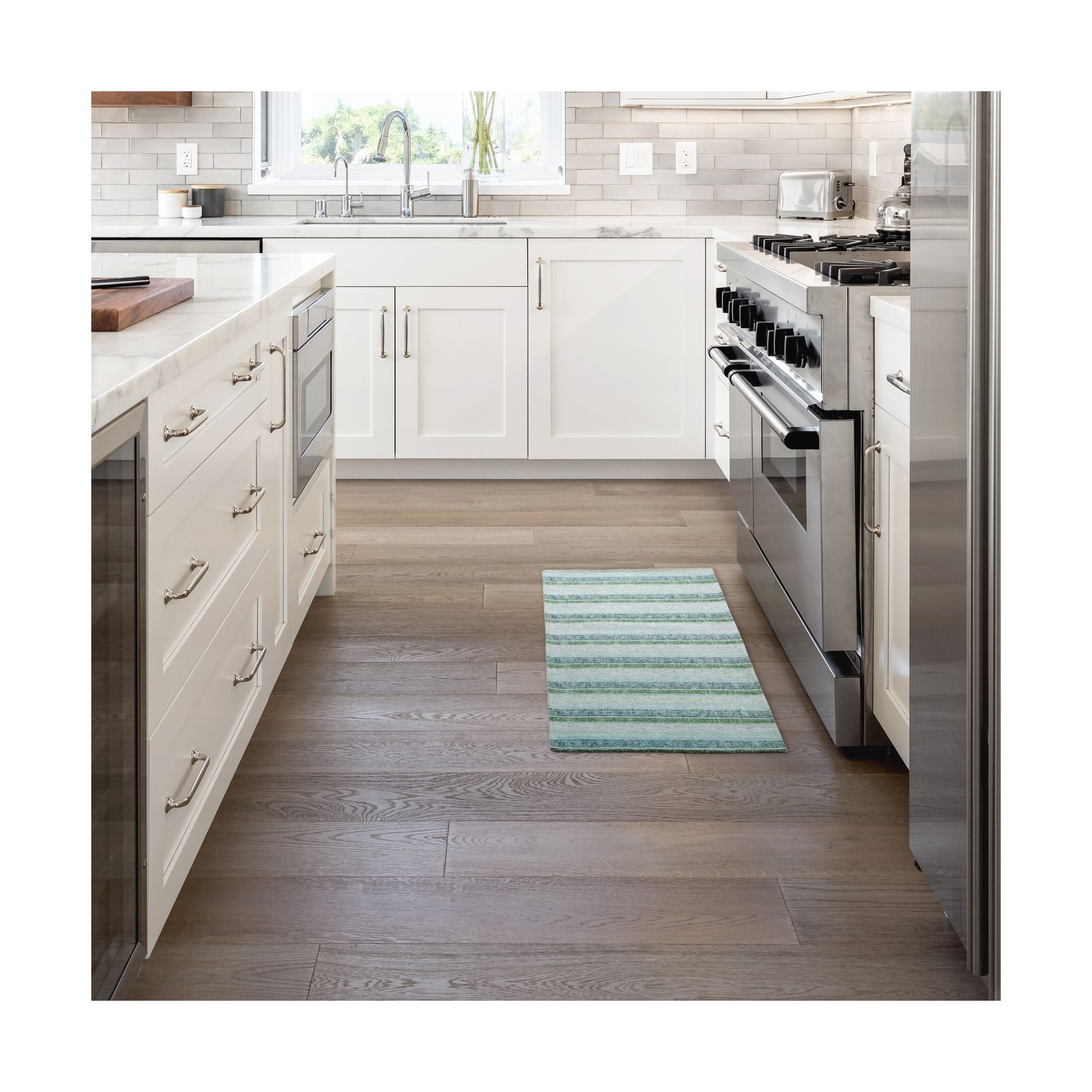 Martha Stewart Stella Ticking Stripe Slip-Resistant Kitchen Mat Runner, Mint Green/White, 20"x50"