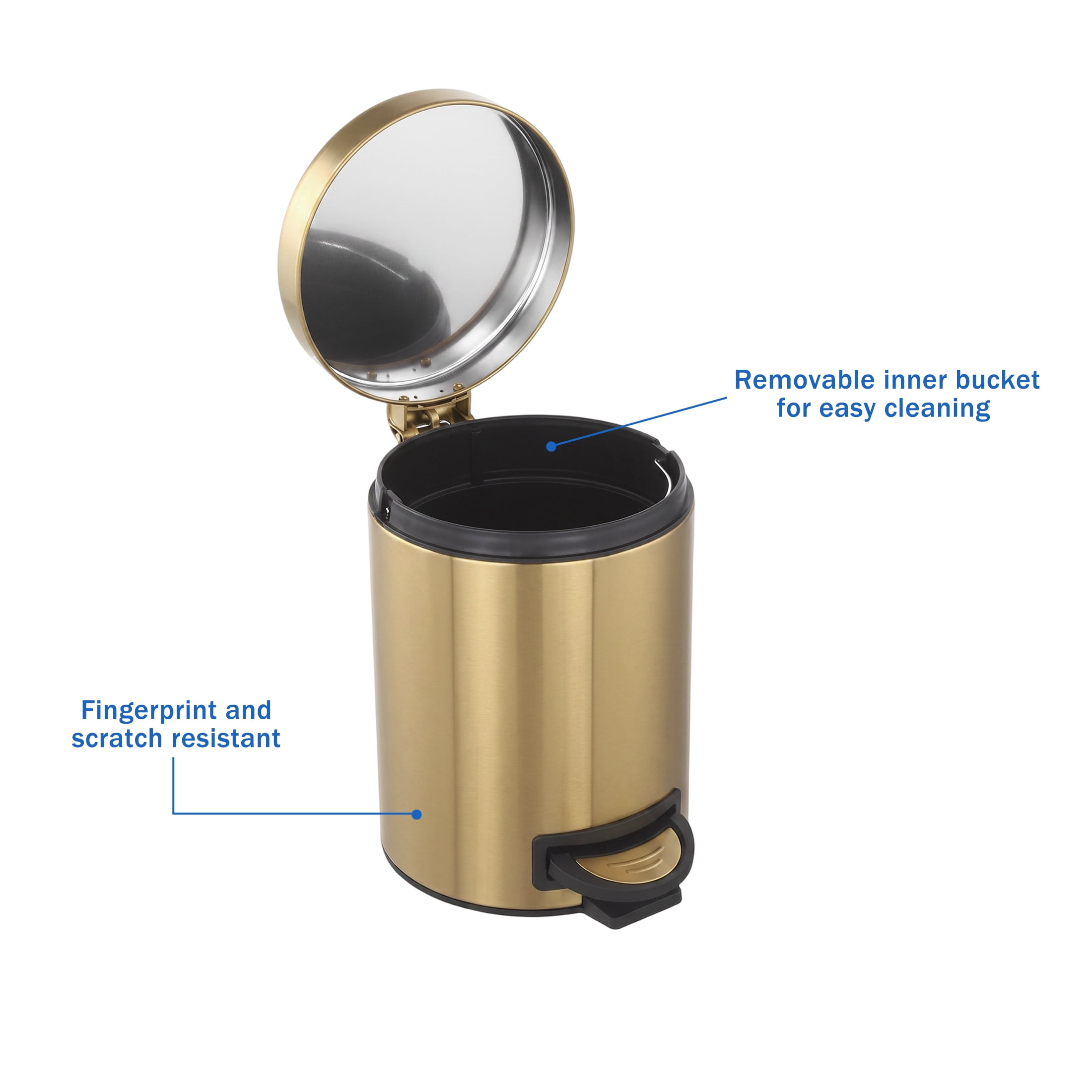Koomade 2 Pack Bathroom Kitchen Trash Can, 1.3 Gallon Stainless Steel Step Round Garbage Bin, Gold