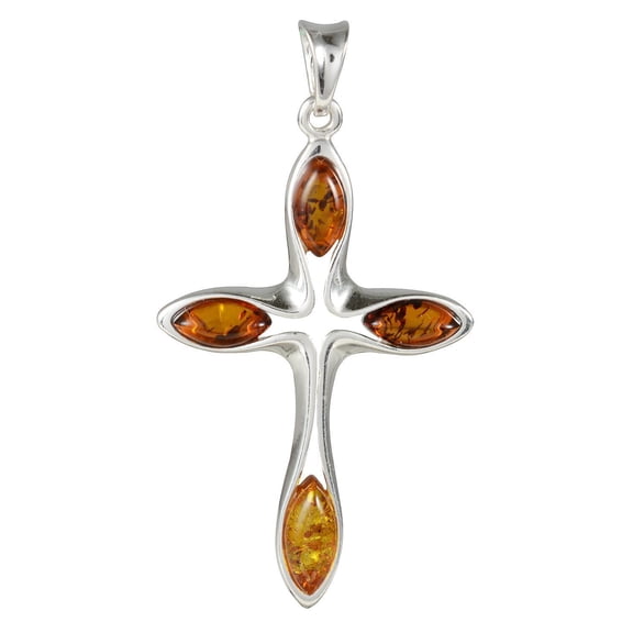 Genuine Baltic Honey Amber Cross Pendant Necklace in 925 Sterling Silver – Christian Faith Jewelry with 18” Chain.
