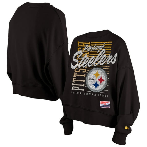 Women's New Era Black Pittsburgh Steelers Oversized Throwback Mineral Wash Crew Neck Sweatshirt