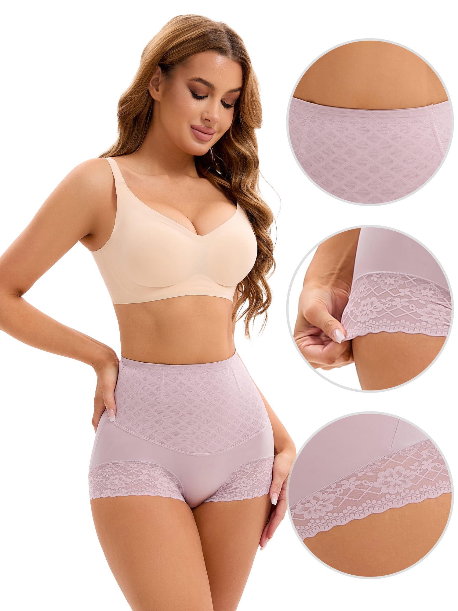 DARING DIVA Women's Tummy Control Lace Mesh Underwear Brief Shapewear Panties Pink XS