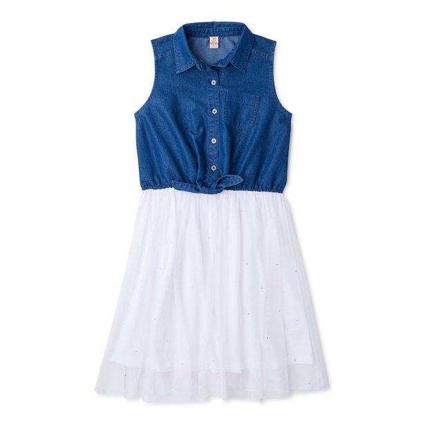 Star Ride Girls Denim Combo Tulle Tie Front Dress, Sizes 4-16 - Walmart.com