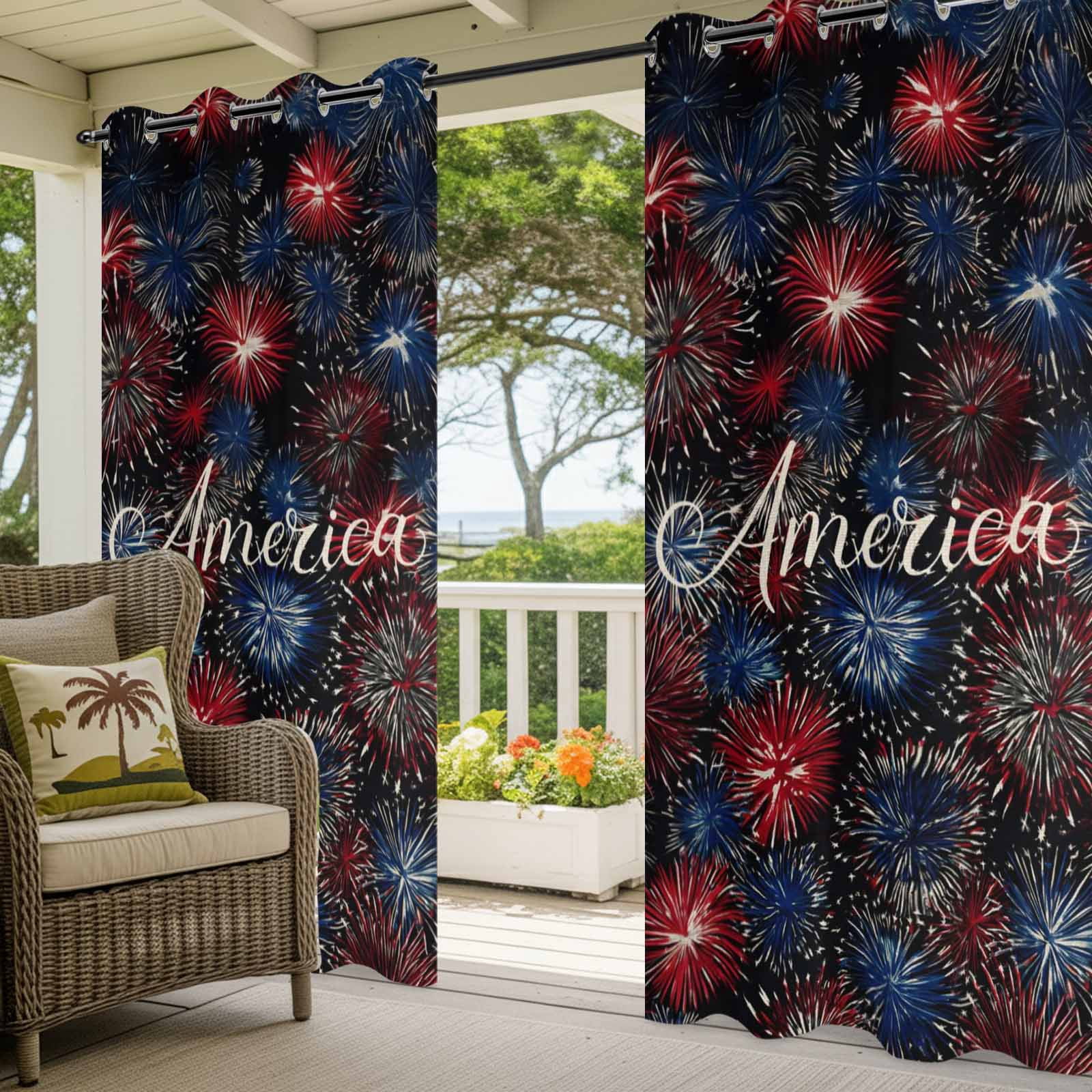 Independence Day Outdoor Curtains for Patio, America Letter Print Fantasy Colorful Firework Sunshade Privacy Drapes Grommet Waterproof Outside Curtains for Porch/Cabana/Balcony 54"x 108", 1 Panel