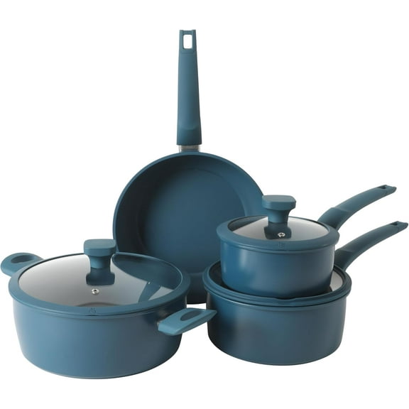 7-Piece Ceramic Nonstick Carbon Steel Cookware Set in Blue with Glass Lids
