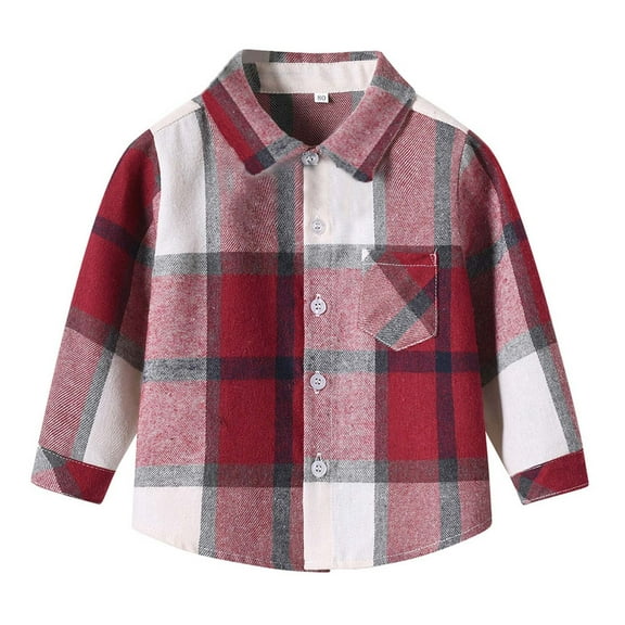 Kids Cotton Plaid Shirts Lapel Button Down Flat Pocket Shirt Jackets Casual Stylish Comfy Fall Winter Outwear (2 Years, Red)