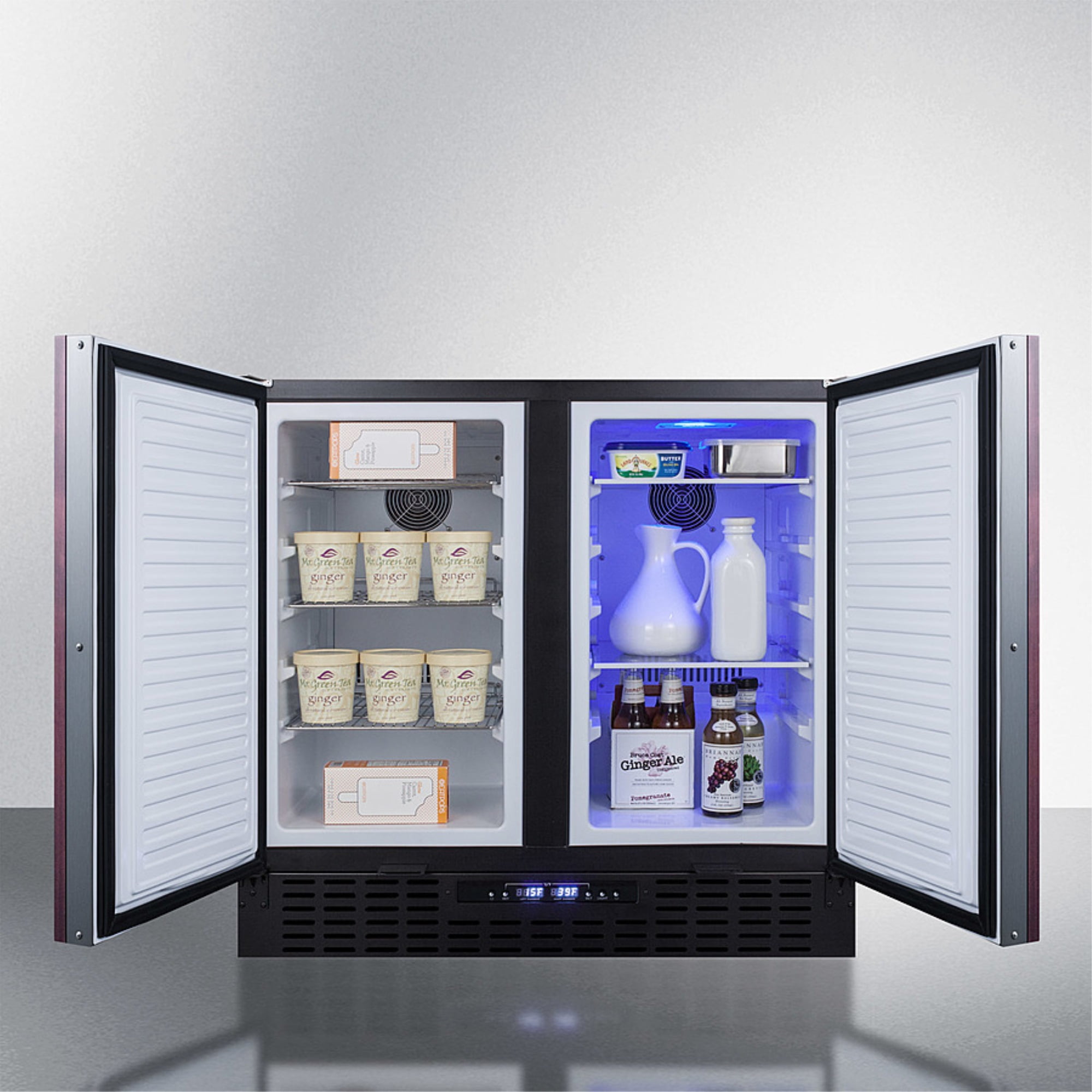 36" wide frost-free side-by-side undercounter refrigerator-freezer black cabinet, panel-ready doors, and digital controls
