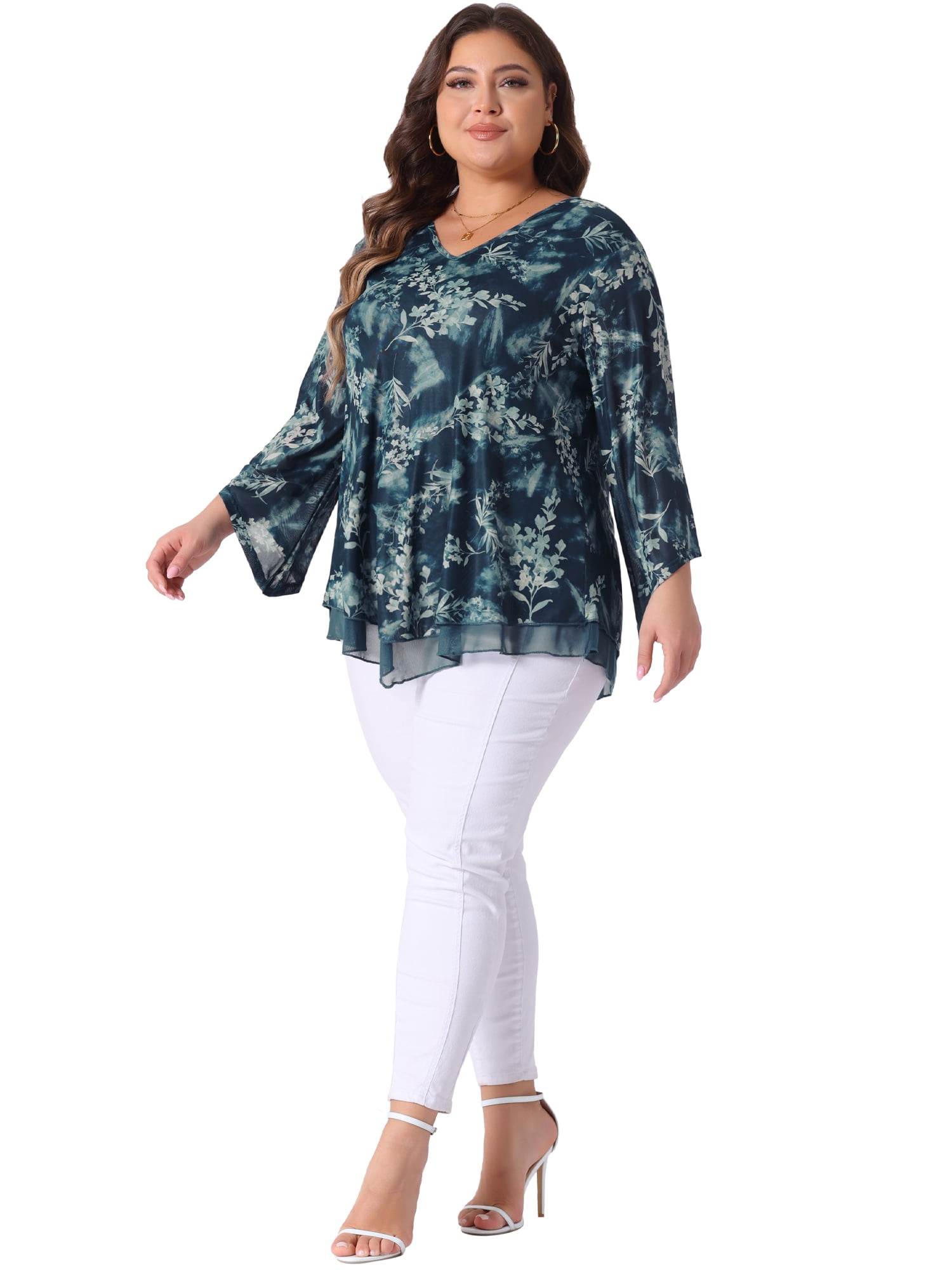Women's Plus Women's Dressy Blouse V Neck Mesh Casual Flowy Work Shirts 4X Cyan