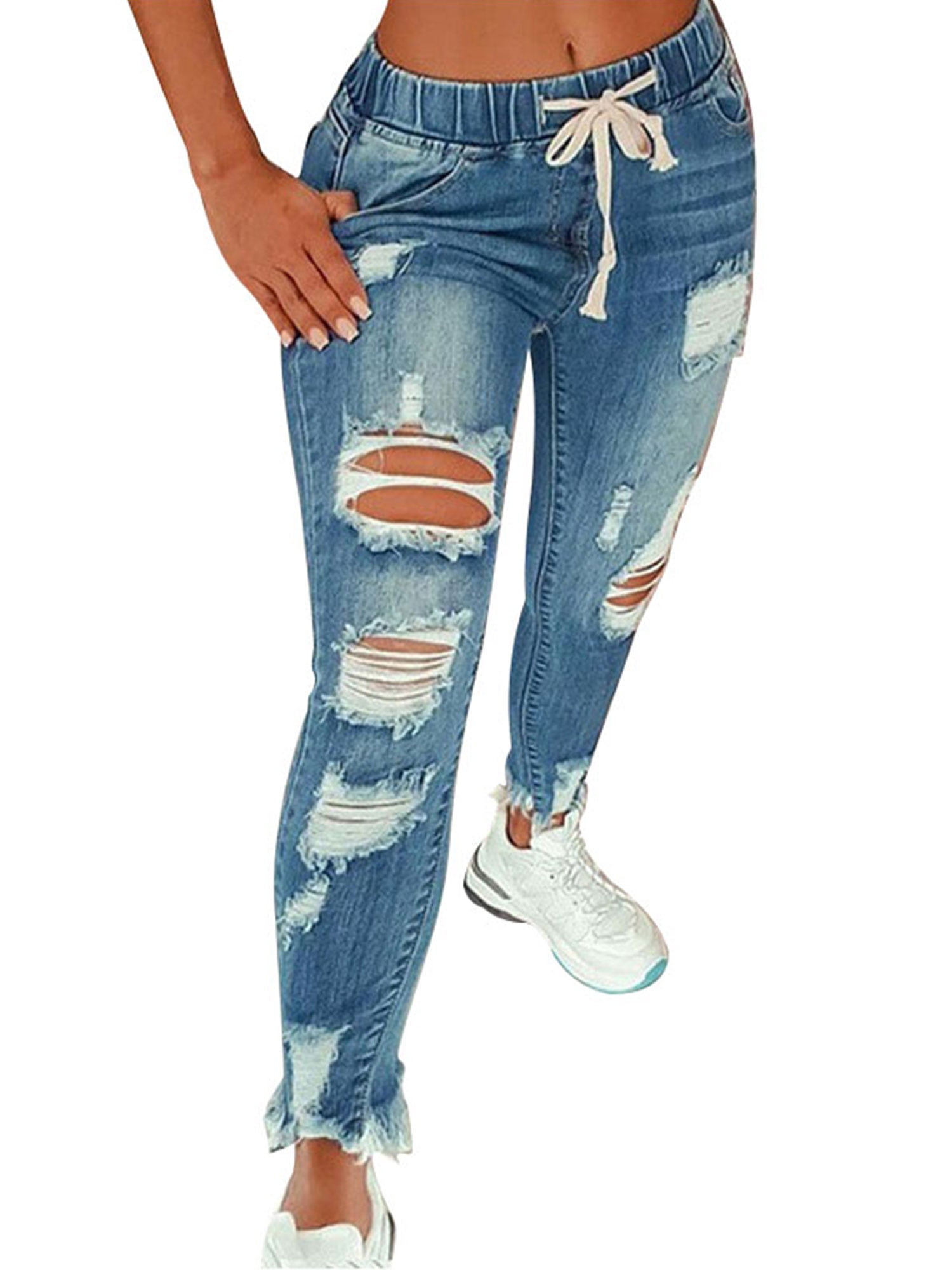 Women's Destroyed Ripped Distressed MID Waist Stretchy Skinny Denim Pants Jeans 