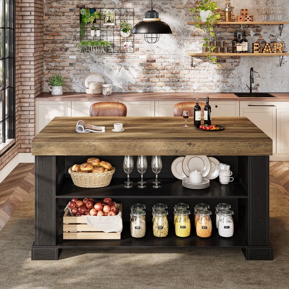 Finmind Kitchen Island with 3 Shelves, 55-Inch Kitchen Shelf with Large Worktop, Stable Wooden Structure, Farmhouse Style, Brown and Black