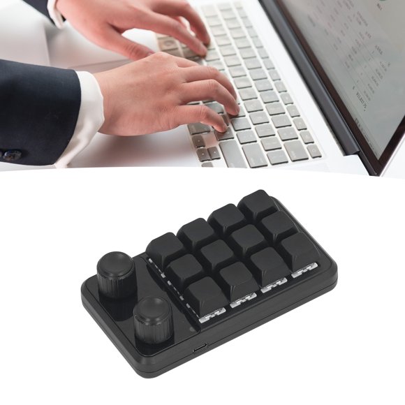 Programming Keypad, Black Color RGB Light Blue Switch 12 Keys Mini Gaming Keypad 2 Knobs for Workshops