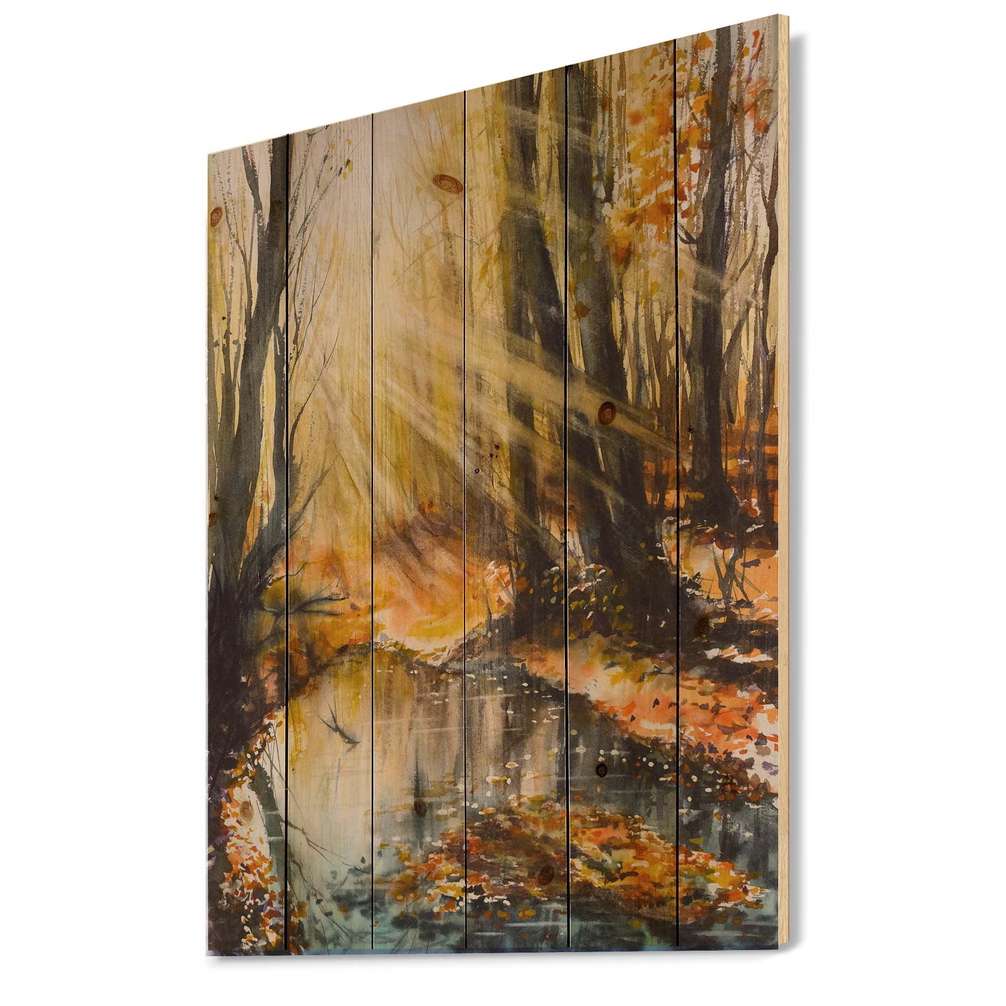 Designart 'Bright Sunshine Through The Brown Forest Trees' Lake House Print on Natural Pine Wood