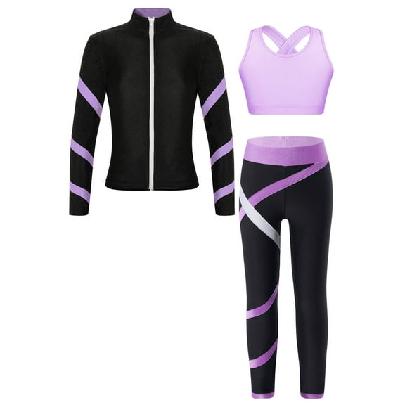 Yeahdor Kids Girls 3Pcs/Set Tracksuit Cropped Vest with Stripes Sports Tops Leggings Yoga Fitness Outfit Set Lavender 16