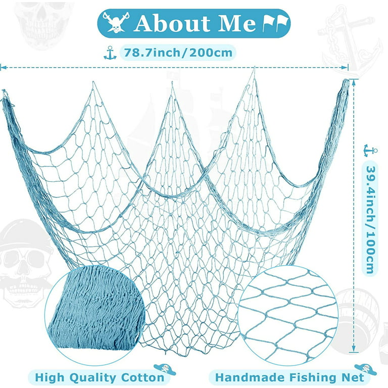 Fraigo Fish Net Decorative, Decorative Fishing Net 39.4 x 78.7inch  Mediterranean Style Nautical Wall Hangings Fishnet Decoration, Blue 
