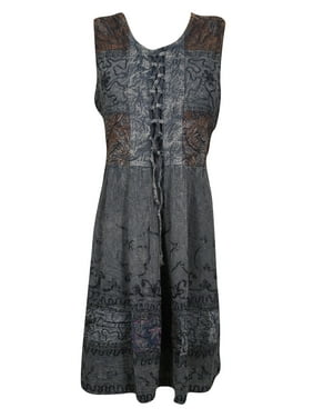 Mogul Women's Black Stonewashed Rayon Sleeveless Embroidered Summer Fashion Midi Dress M