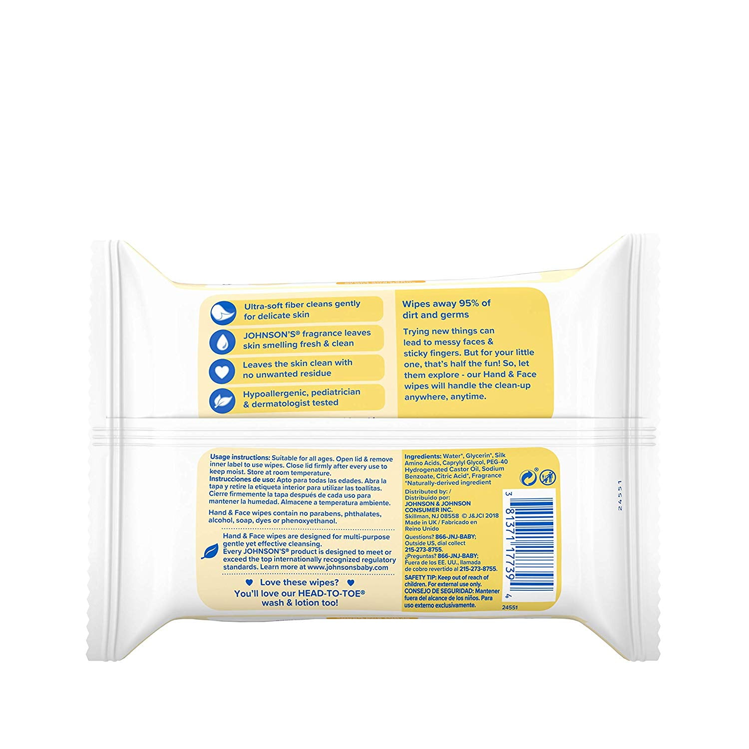 Johnsons Baby Hand and Face Sanitizing Wipes for Travel, 25 Ea, 6 Pack