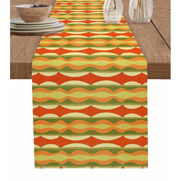 Orange Green Geometric Table Runner 70 Inches, Contemporary Abstract Moire Bed Runner Dresser Scarves Tabletop for Indoor Outdoor Parties/Ceremony/Banquet, 13" x 70"