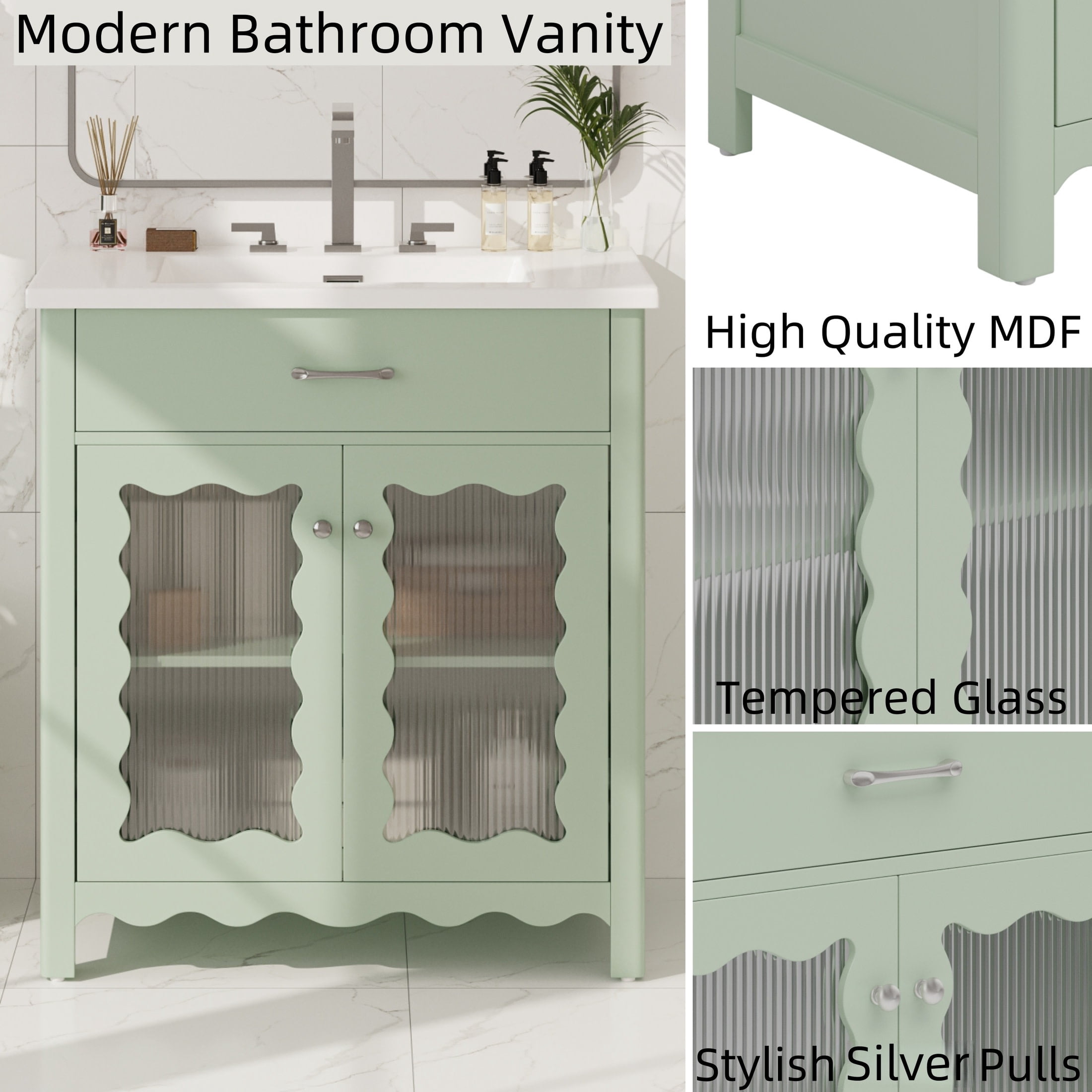 Christopher Knight Home 31" Modern Bathroom Vanity, Tempered Glass Cabinet with Ceramic Sink, Green