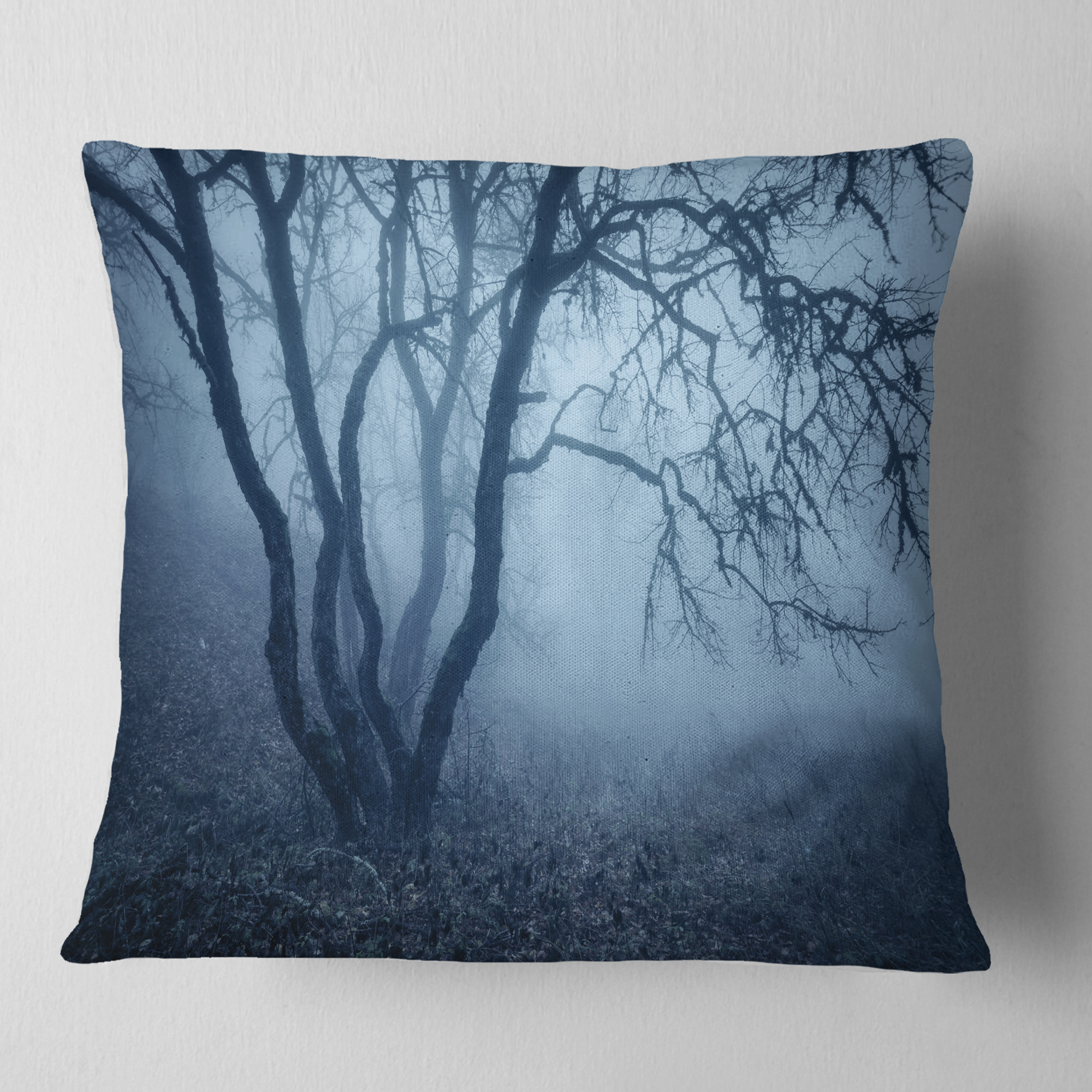Designart Tree in Foggy Dark Forest - Landscape Photography Throw Pillow - 18x18