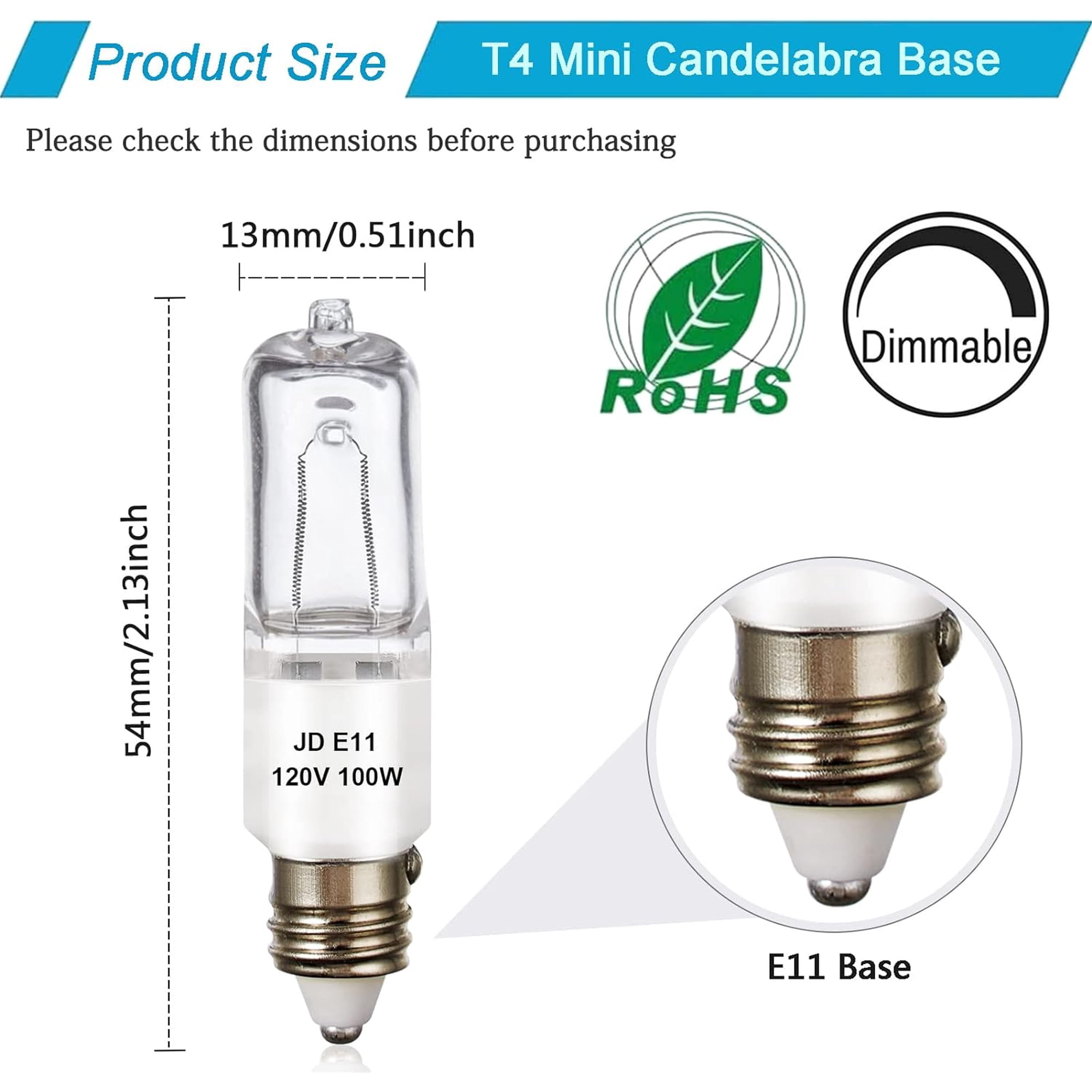 4 Pack JDE11 120V 100W Halogen Candelabra Bulbs - T4 Mini, Dimmable Warm White 2800K, For Chandeliers & Fans