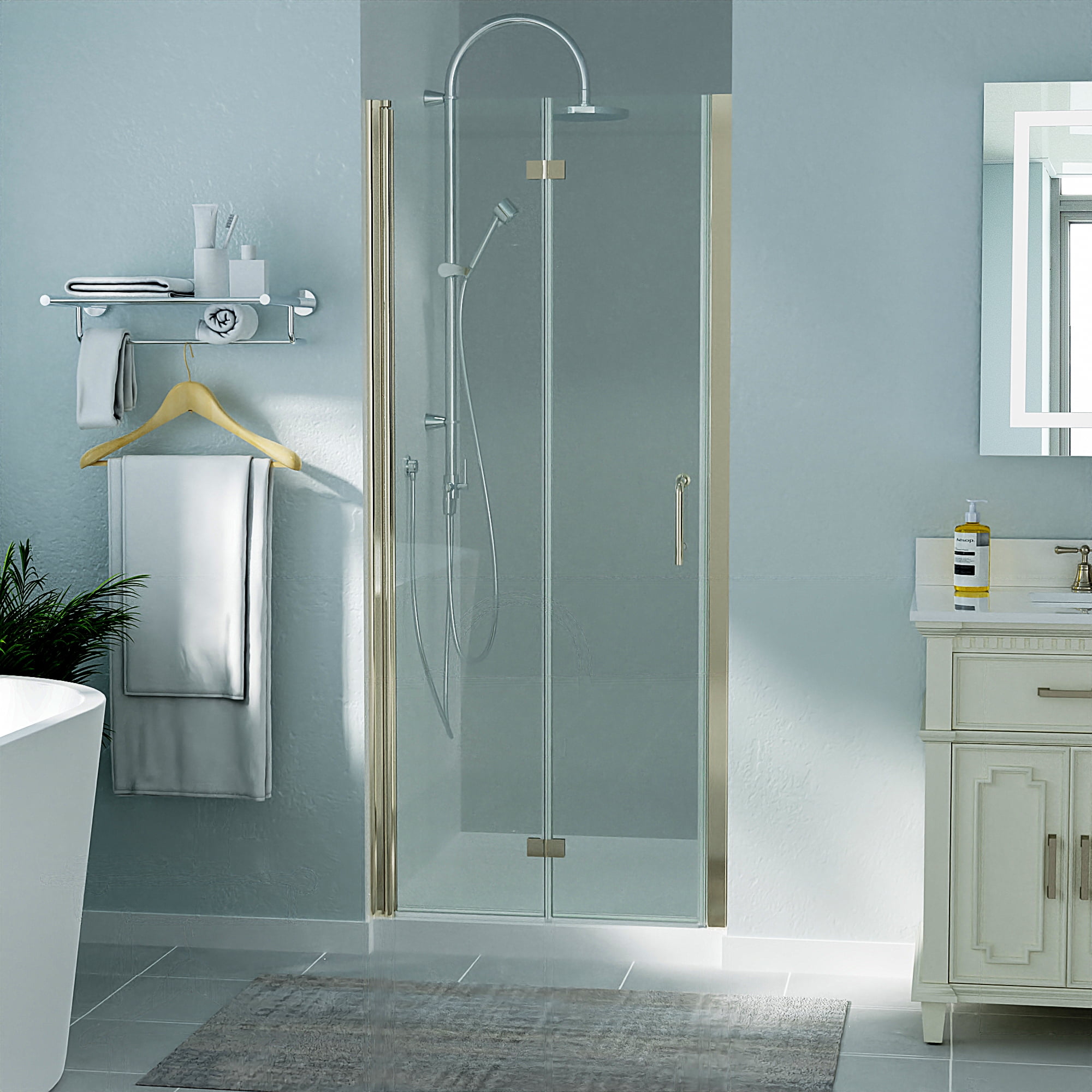 ExBrite 3233.5 in.W x 72 in.H Bifold Frameless Glass Shower Door,1/4 in. Fold Clear Glass