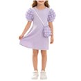 thumbnail image 3 of THDHVS Girls Summer Dress,Girls Textured Ribbed Knit Dress Puff Short Sleeve Round Neck Matching Crossbody Bag Summer Princess,Dresses for Girls 4-5 Years, 3 of 7