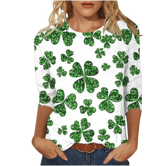Saint Patricks Day Shirt Women Casual Round Neck Tshirts Shamrock Graphic Tees 3/4 Sleeve Loose Fit Blouse Festival Tops