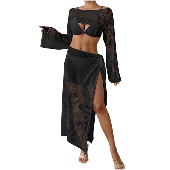Taqqpue 2 Piece Swimsuit Coverup for Women Crochet Hollow Out Sexy Bathing Suit Cover Up Beach Crop Top Drawstring Skirt Sets