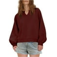 thumbnail image 3 of Eryao Women Oversized V Neck Sweatshirts Casual Lace Lantern Long Sleeve Fall Pullover Solid Loose Fit Tops,Wine,XXL, 3 of 10
