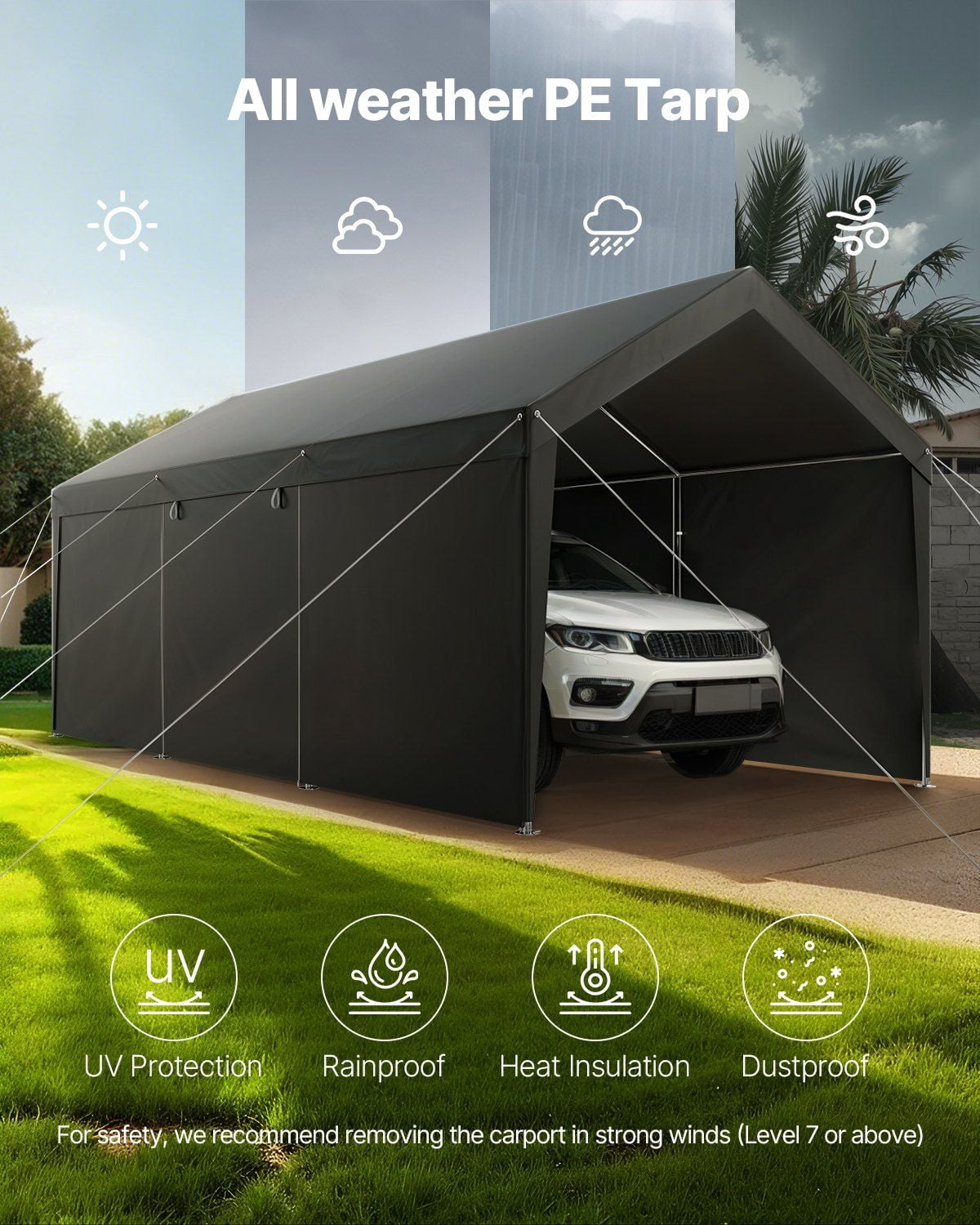 12x20FT Heavy Duty Carport Canopy - Grey Outdoor Car Shelter with Sidewalls, Galvanized Steel Frame & Waterproof Cover - Vehicle Protection for Cars, Trucks, SUVs & RV Storage