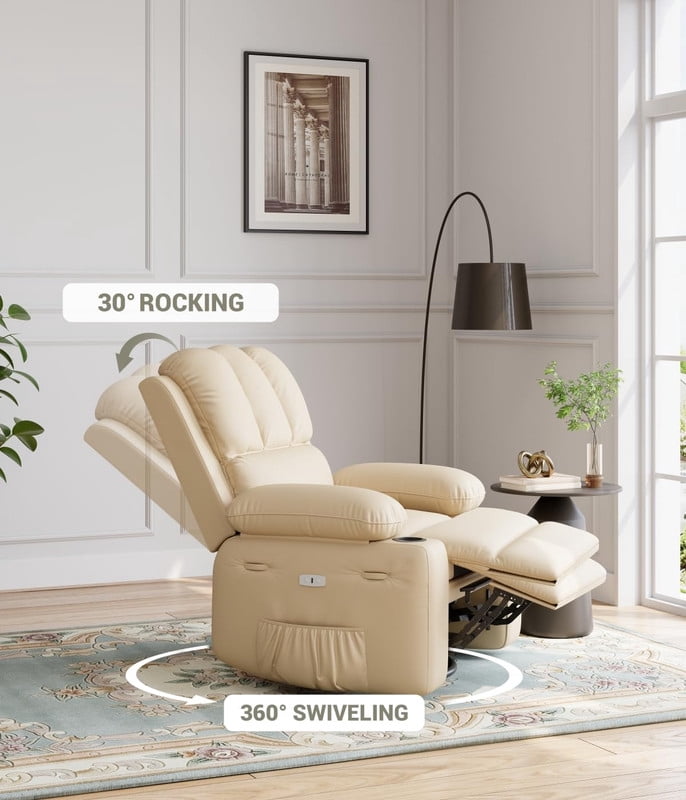 TROPOW Oversized Electric Power Recliner Chair with Heat & Massage - 360° Swivel Rocker Recliner for Living Room, PU Leather Recliner with 1.5X Sponge Filling, 22" Large Seat Lazyboy Style