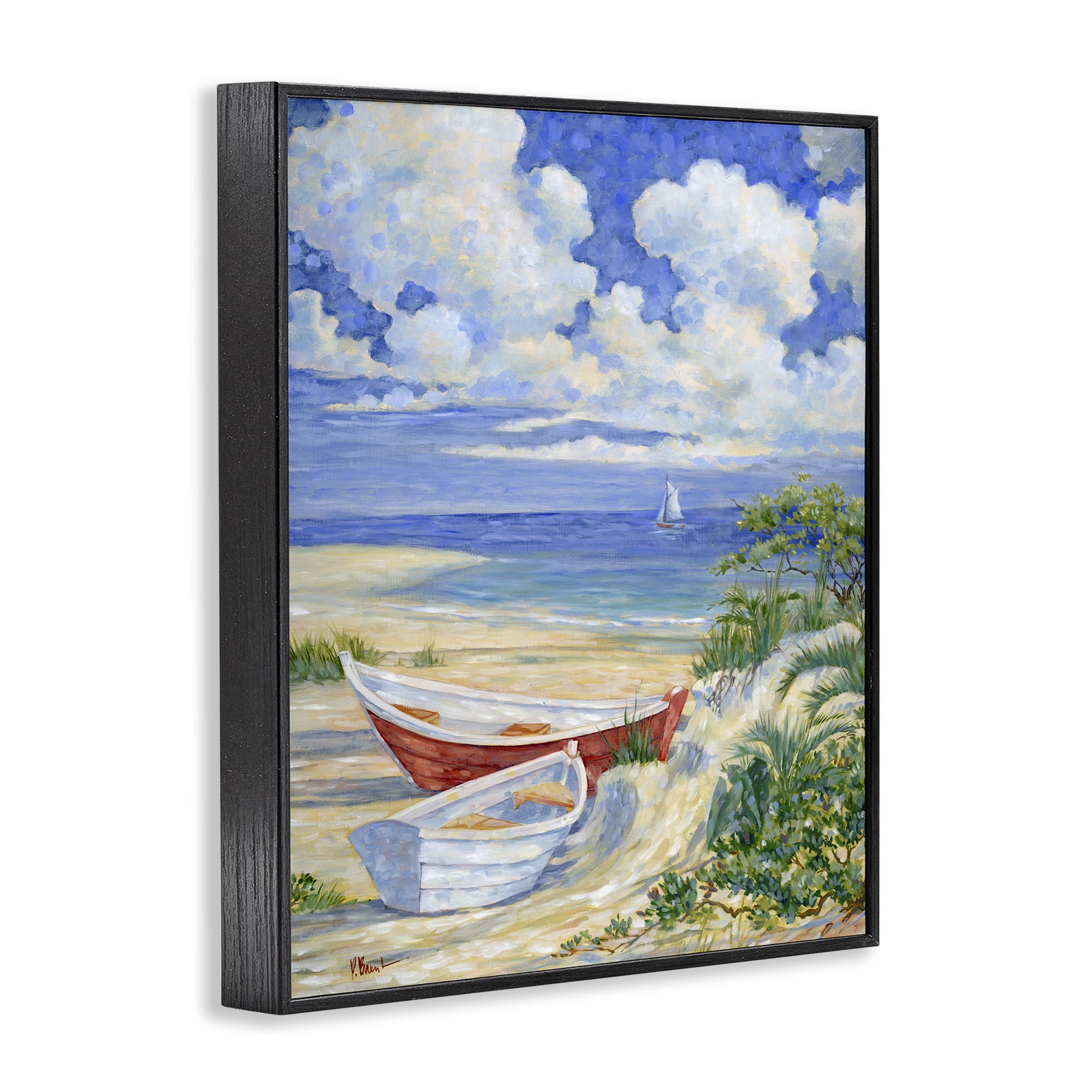 Stupell Industries Two Boats on Sand Transportation Painting Black Framed Art Print Wall Art, 16 x 20