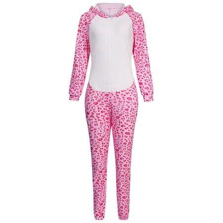

Pajama Adult Animal Print One Piece 3D Ear Hooded Jumpsuit Women Winter Flannel Sleepwear Pajamas Pink M