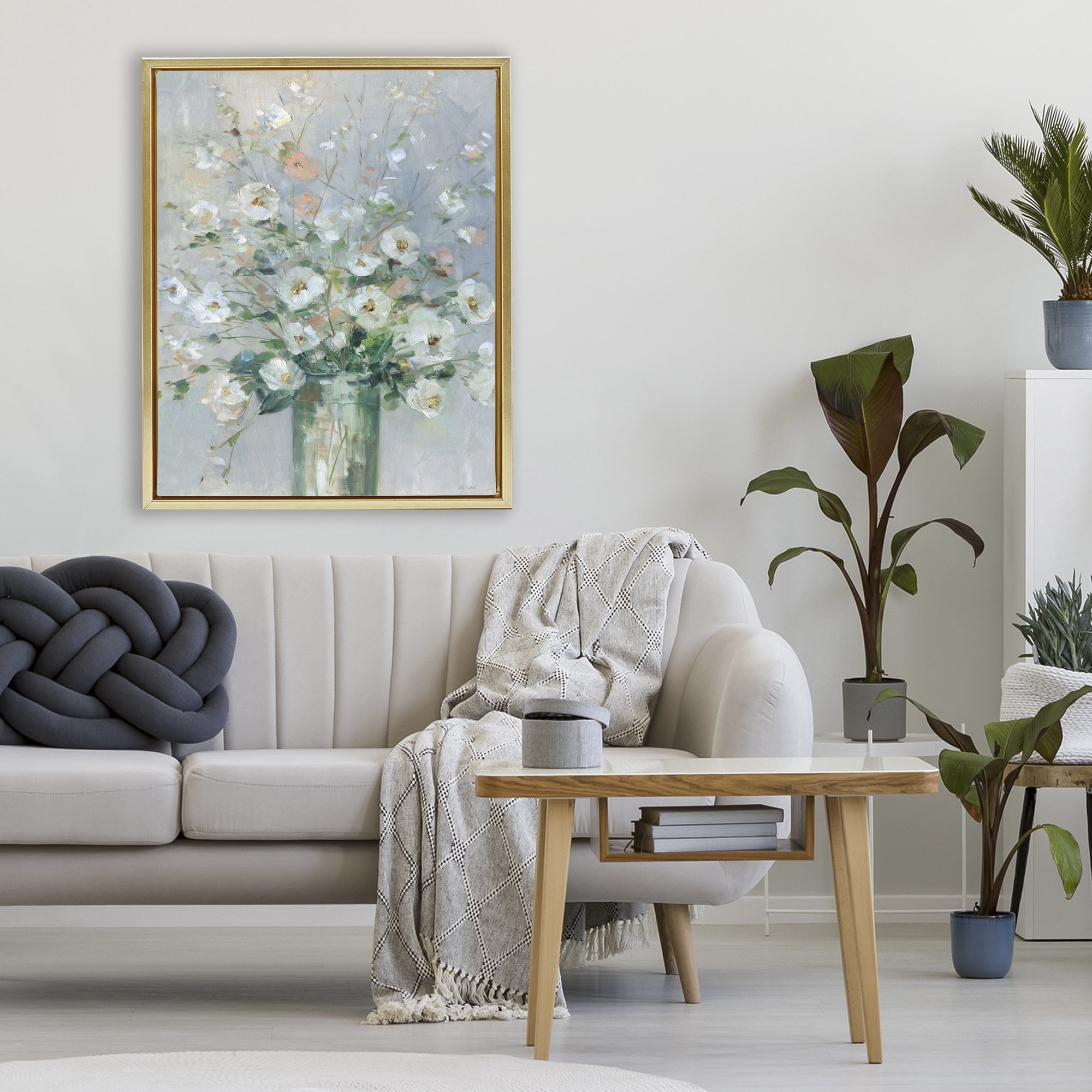 Stupell Industries Delicate White Blossoms Impression Gold Framed Floater Canvas Wall Art, design by Sally Swatland