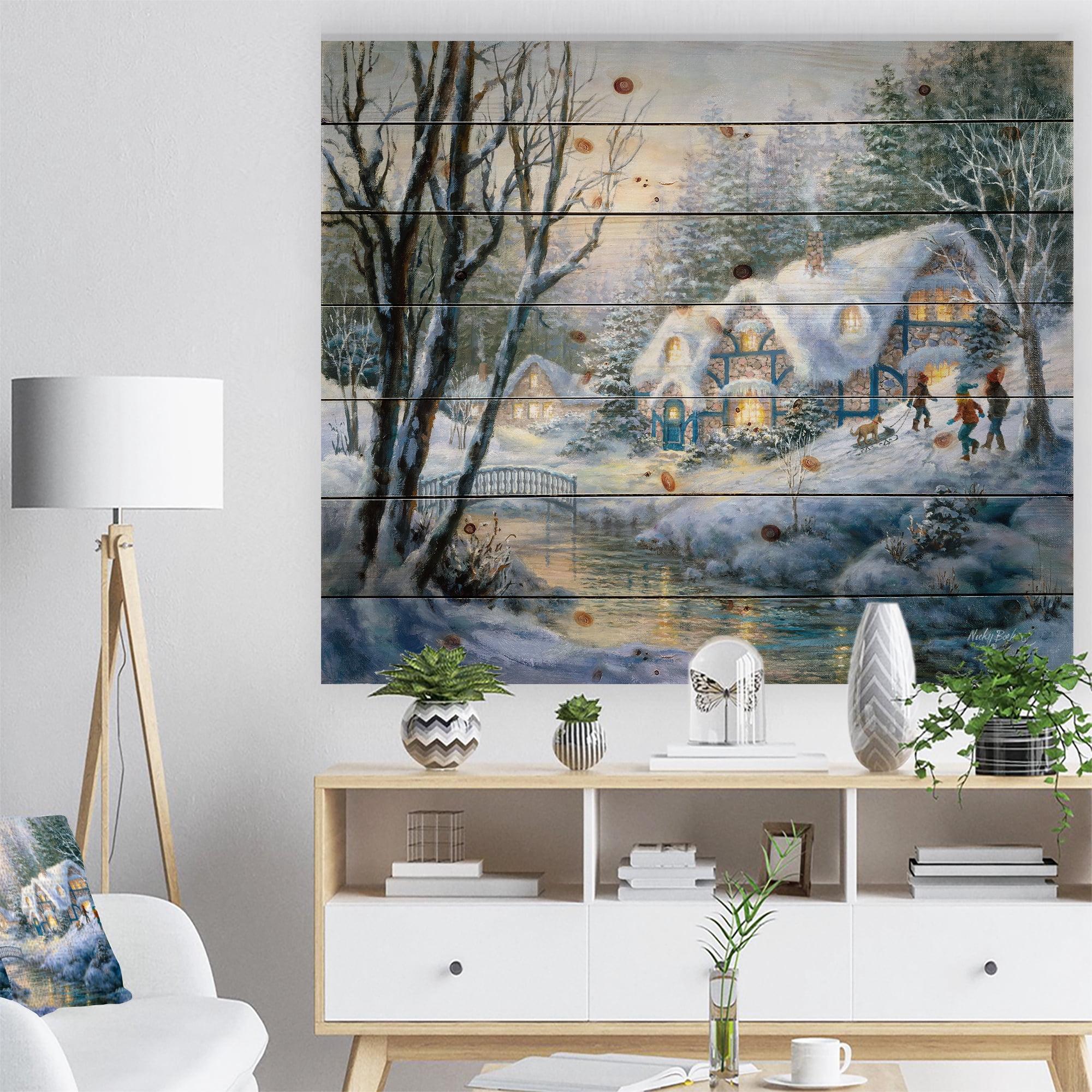 Designart 'Christmas evening Winter Frolic' Print on Natural Pine Wood