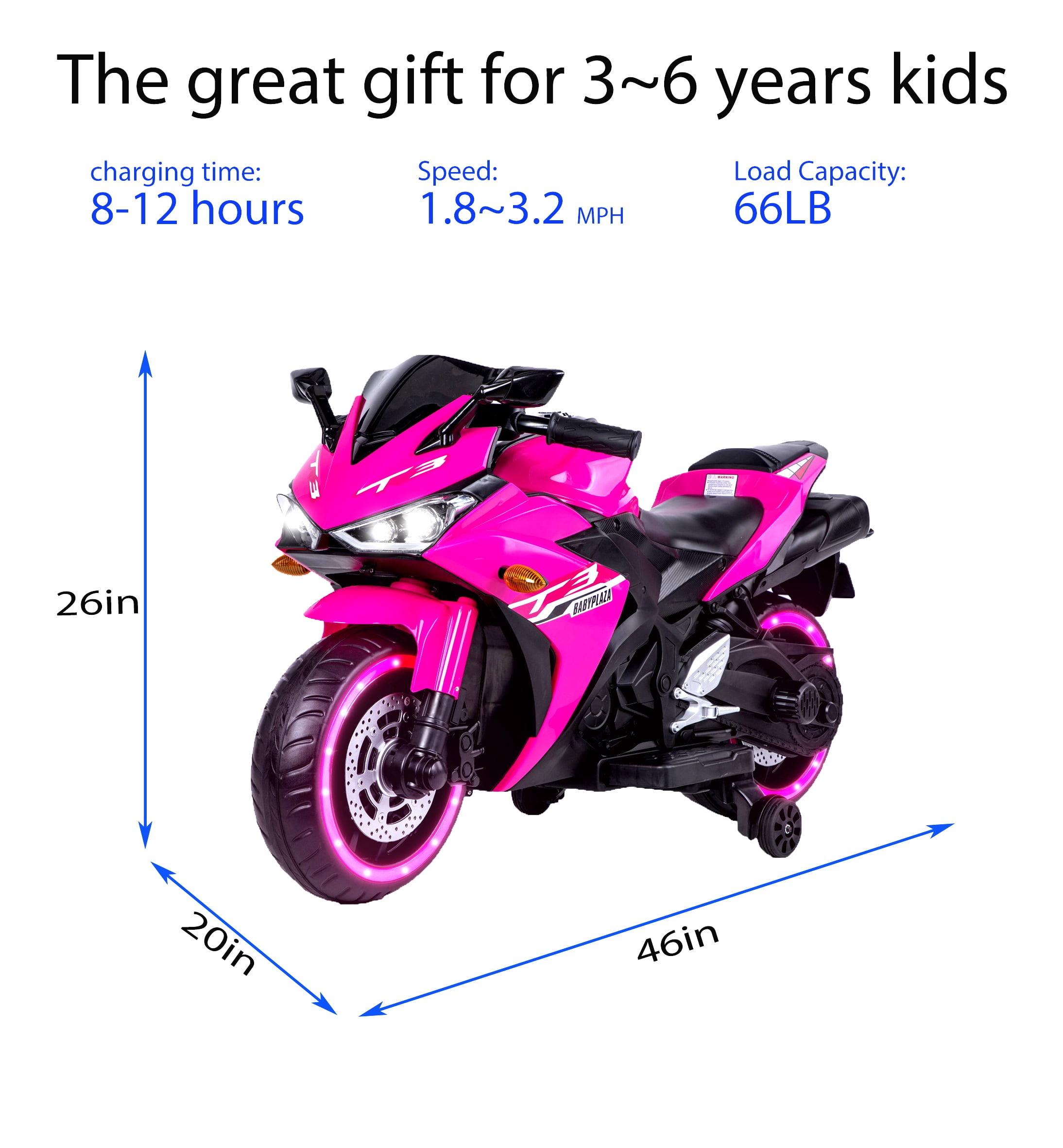 Motorcycle For Kids 3~6 Years Boys Girls Gift,  ride on toy with Training Wheels/manual throttle/ drive by hand /Lighting wheels