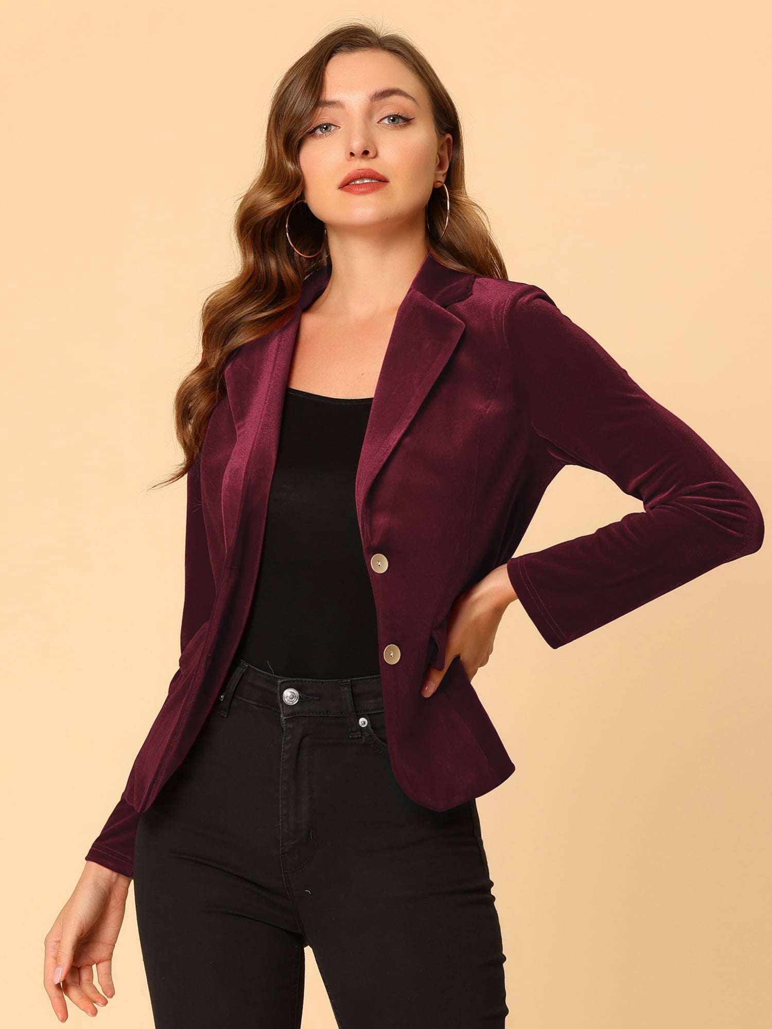DARING DIVA Women's Notched Lapel Button Front Office Velvet Blazer M Dark Red