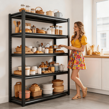 5 Tier Metal Storage Shelves,46"W Garage Shelving Heavy Duty,3000lb Adjustable Shelving Unit, Upgraded Reinforced Double-Layer Columns,78"H x 16"D Shelf for Basement Warehouse,Black