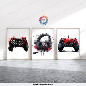 Red Gamer Poster Prints - Set of 3 Gaming Prints, Game Boys Bedroom Decor, Gift Posters, Gaming Room Decor, Video Game Wall Art Print, Poster Only
