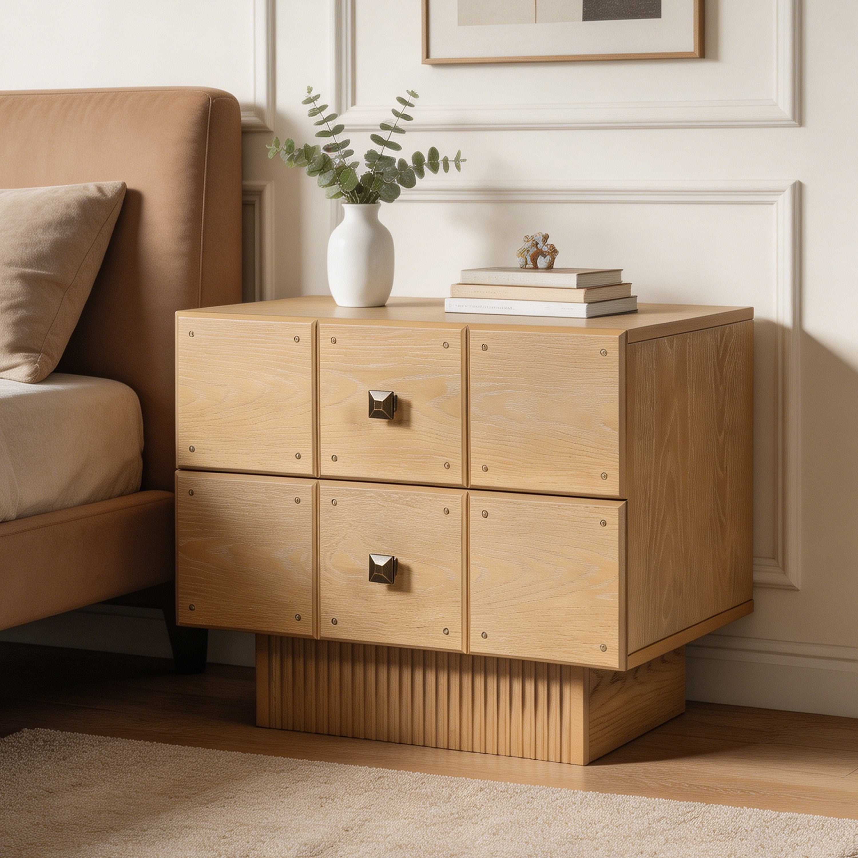 Euroco Mid-Century Nightstand with 2 Drawers, 24" Wide Bed Side Table with Fluted Pedestal,Wood Storage End Table Dresser for Bedroom,Living Room,Natural