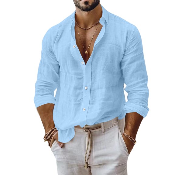 Gaukiv Long Sleeve Shirts for Men Solid Stand Collar Open Front Relaxed Fit Lightweight Blouses Basic Tops Light Blue 3XL
