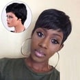 thumbnail image 2 of Pixie Cut Perruque Courte Droite Taille Complète avec Frange pour Femmes Noir Mat Postiche, 2 of 9