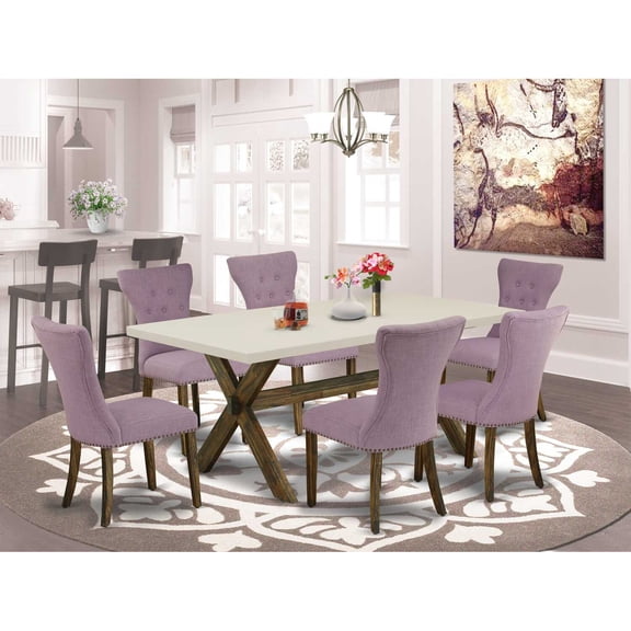 East West Furniture X727GA740-7 7-Piece Dinette Set- 6 Kitchen Chairs with Dahlia Linen Fabric Seat and Button Tufted Chair Back - Rectangular Table Top & Wooden Cross Legs - Linen White and...