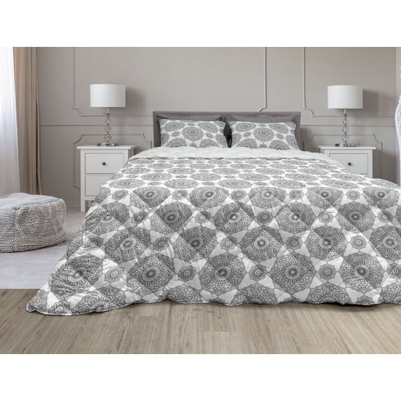 Mandala Comforter & Sham Bedding Set, Eastern Monochrome Composition with Floral Elements Blooming Petals and Leaves, 3 pcs Duvet Set Microfiber Filling Quilt, 5 Sizes, Black and White, by Ambesonne