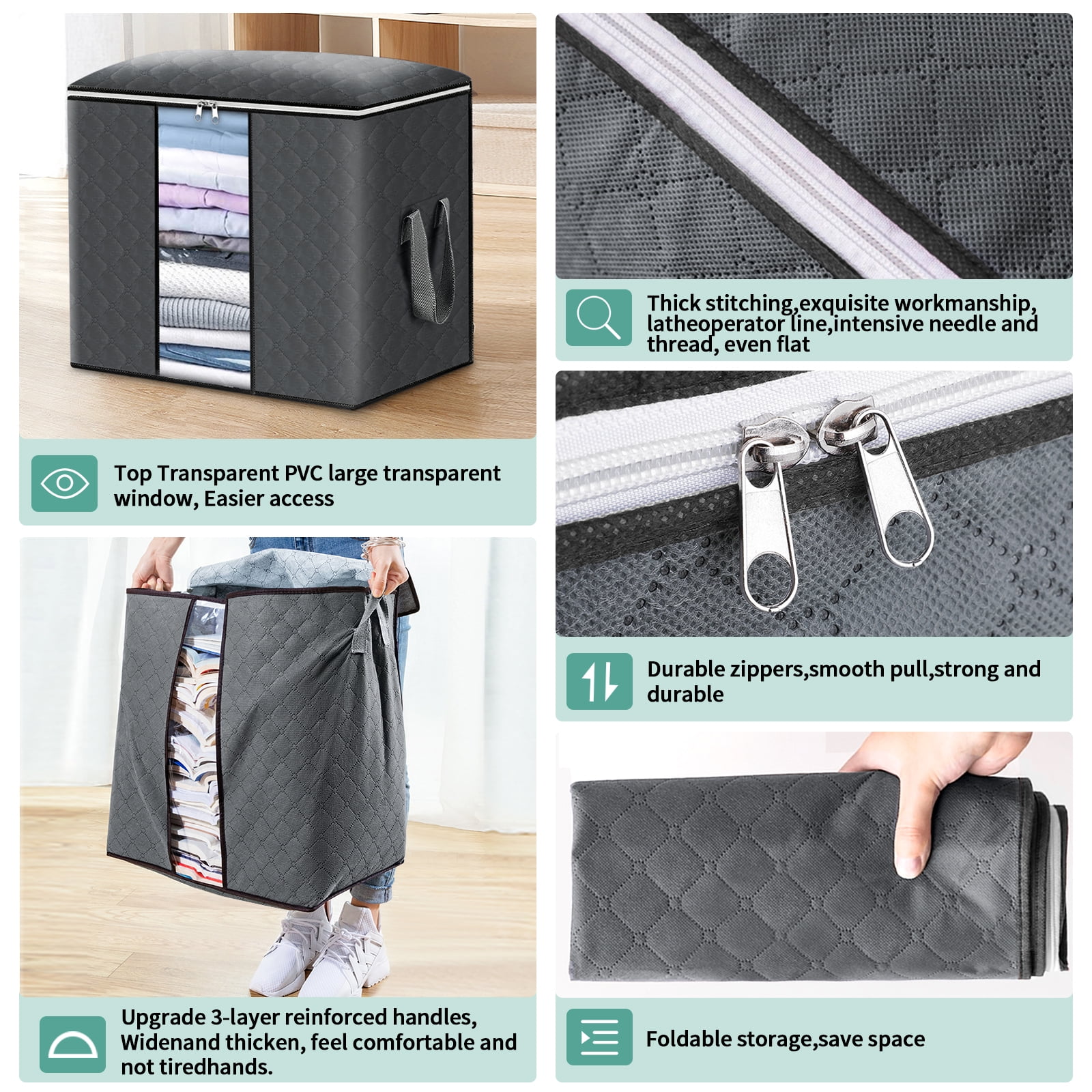 Clothes Storage 4PCS Storage Bags for Clothes Closet Organizers 90L Large Capacity with 3 Layer Fabric Storage Bags for Blankets, Comforters and Bedding
